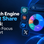 AI Search Engine Market Share in 2026: Where to Focus Your Effort – featured image with a dark blue background, market share pie chart, AI search analytics dashboard, and logos of ChatGPT, Google, Claude, DeepSeek, Perplexity, and Bing, illustrating AI search engine competition and market trends.