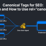 Minimal NEURONwriter infographic showing several duplicate URLs merging into one preferred canonical URL; headline: Canonical Tags for SEO: When and How to Use rel="canonical".