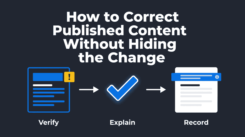 Infographic for How to Correct Published Content Without Hiding the Change, showing a correction decision that leads to an accurate update, a clear note, and a recorded outcome.