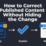 Infographic for How to Correct Published Content Without Hiding the Change, showing a correction decision that leads to an accurate update, a clear note, and a recorded outcome.