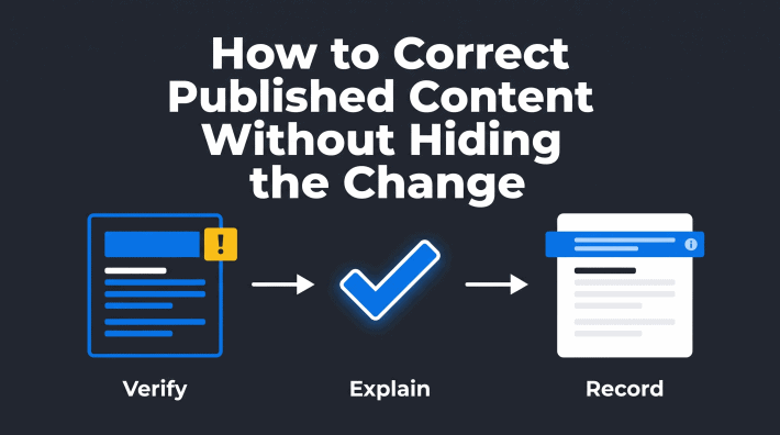 Infographic for How to Correct Published Content Without Hiding the Change, showing a correction decision that leads to an accurate update, a clear note, and a recorded outcome.