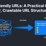 Recommended alt text: Minimal NEURONwriter infographic showing a cluttered web address becoming a clear, crawlable URL through three steps: describe, simplify and stabilize.
